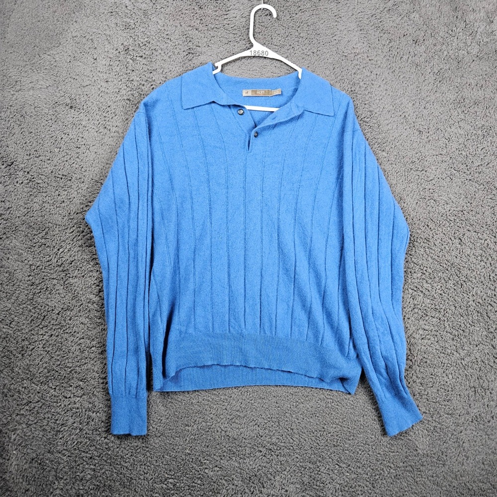 Raffi Cashmere Blue Ribbed Collared Sweater Men's L 52